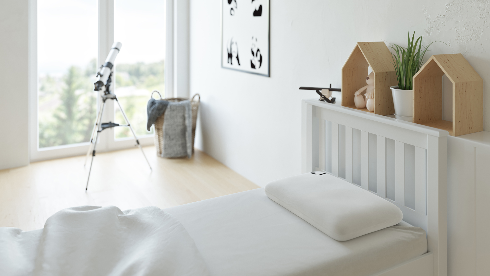 Child's bedroom with white bedding and telescope by the window