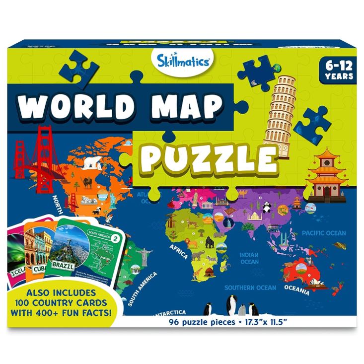 Skillmatics World Map Puzzle - 96 Piece Jigsaw Puzzle, Educational Toy, Geography for Kids, 400+ Facts, Gifts for Boys &amp;amp; Girls Ages 6 to 12