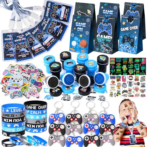 Tacobear 122pcs Video Game Party Bag Fillers Gaming Party Favors Silicone Bracelet Keychains Party Bags Stamp Luminous Tattoo Sticker Vip Pass Tickets Birthday Party Supplies Pinata for Boys Kids